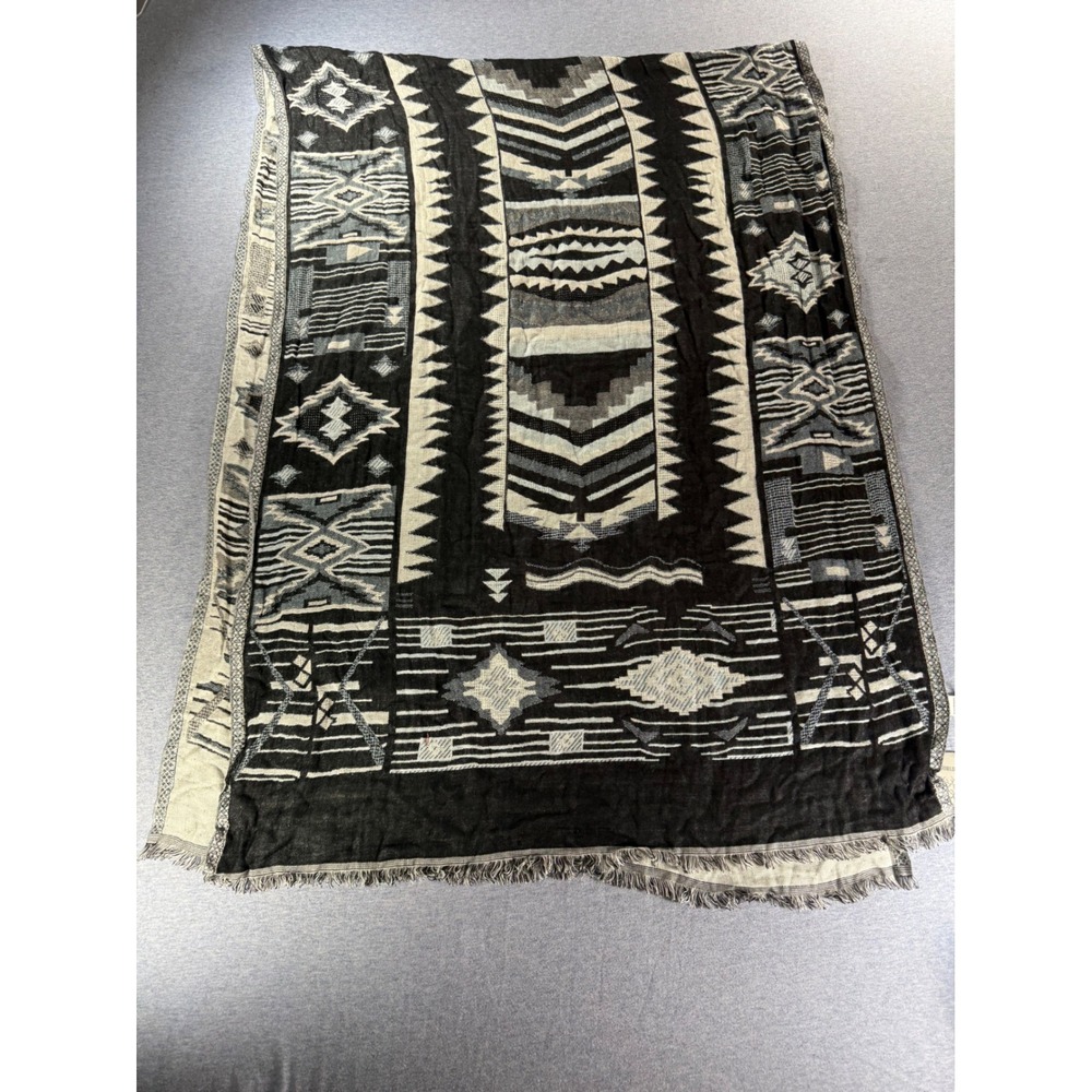 World Market Scarf Black Grey Cream Tribal Geometric Rayon Fringed Wrap 527328